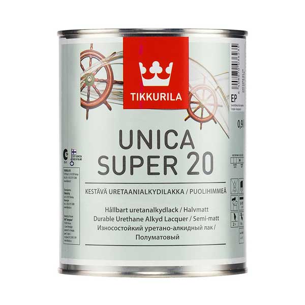 Лак алкидно-уретановый яхтный Tikkurila Unica Super 20 основа EP бесцветный 0,9 л полуматовый